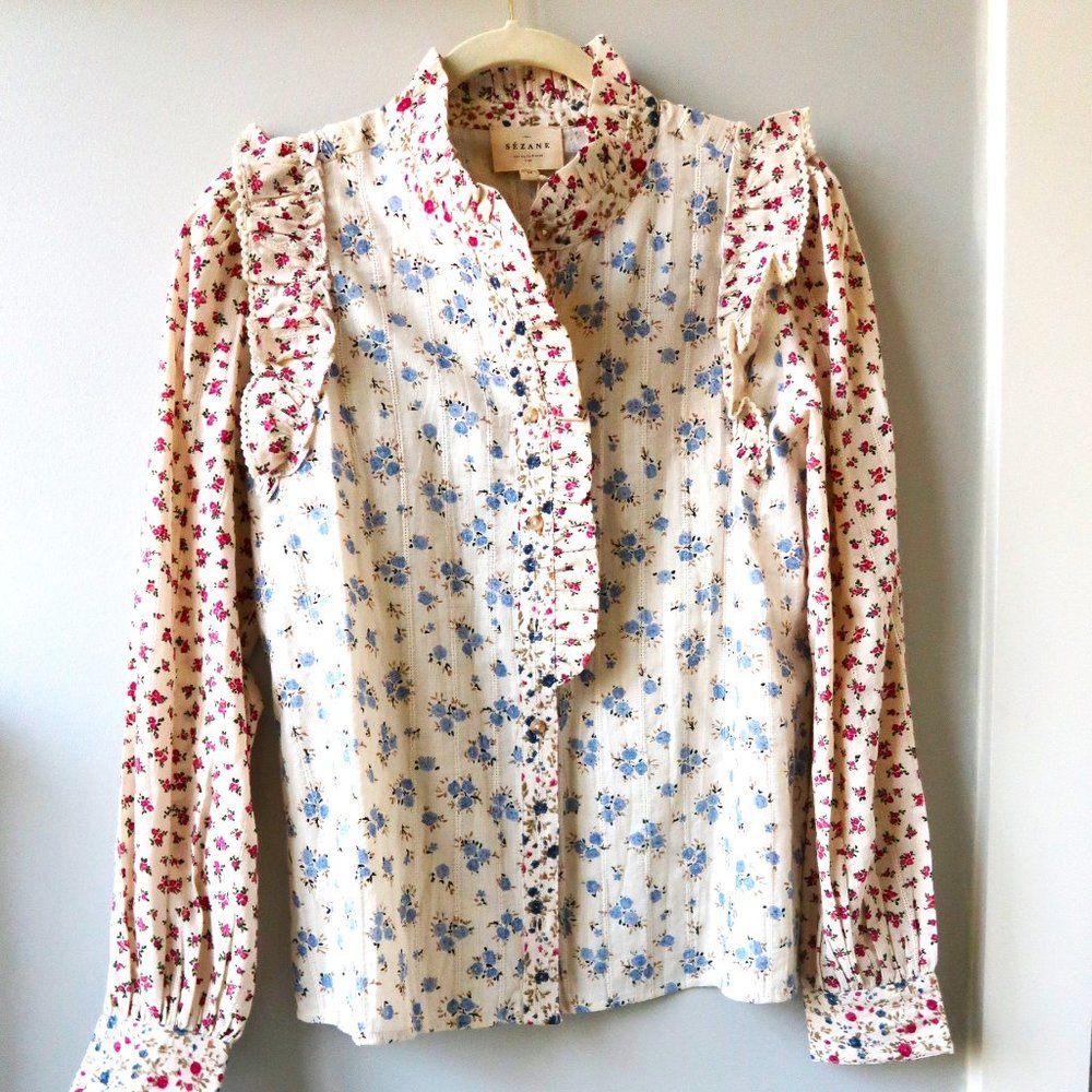 Sezane Cream Blouse with Blue and Red Floral Print
